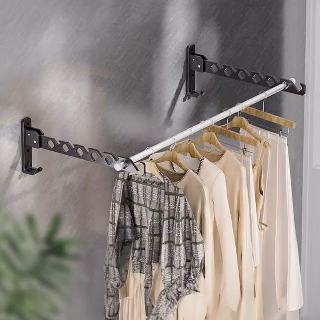 Livingandhome 2-Piece Black Foldable Wall Mounted Aluminium Clothes Drying Racks with Hooks