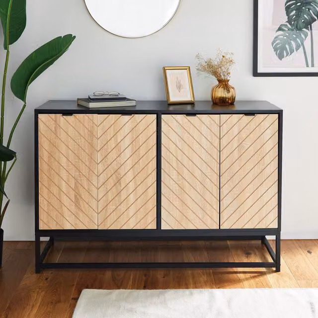 VonHaus Dalton Chevron Wood Effect 4 Door Living Room Sideboard in Black, W: 120 cm, D: 40 cm, H: 75 cm – 1