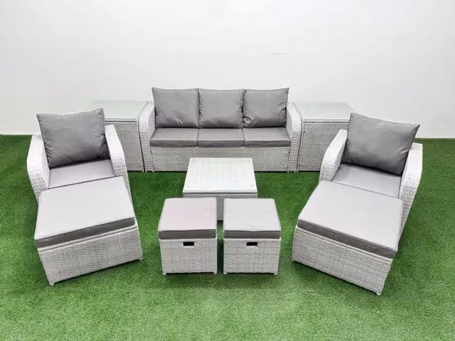 Fimous PE Rattan Lounge Sofa Set with Coffee Table, 3 Seater, Light Grey