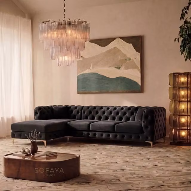 Sofaya Monaco Chesterfield 4 Seater L-Shaped Sofa in Black Velvet with Left Hand Chaise – 1