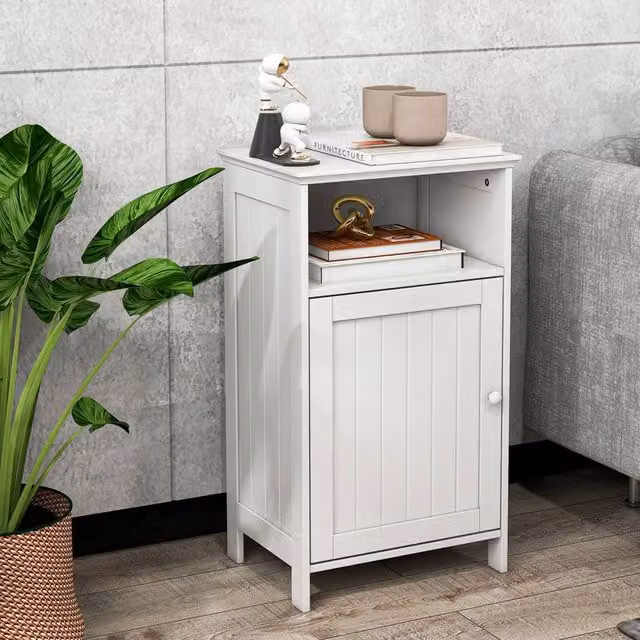 FORGEVIO Modern White Single Door Bathroom Floor Cabinet with Internal Shelves and Open Storage – 1