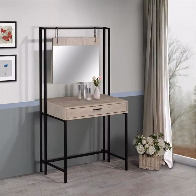 Timber Art Design UK Zahra Dressing Vanity Makeup Table with Mirror and Drawer in Ash Oak Brown and Beige, W: 150.0 cm, D: 40.0 cm, H: 84.0 cm