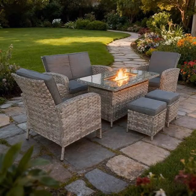 Furniture One Modern 6 Person Grey Rattan Garden Set with Fire Pit Table