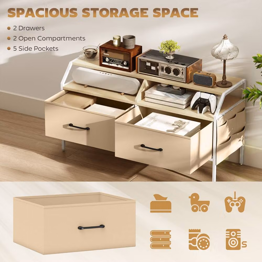 STILVORA Industrial TV Unit with 2 Drawers and Side Pockets in Beige Matt Finish – 5