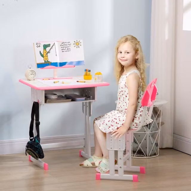 HOMCOM Height Adjustable Kids Desk and Chair Set in Pink