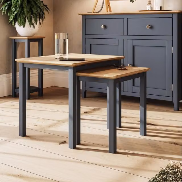 FWStyle Taberno Nest of 2 Tables in Oak Veneer with Graphite Blue Lacquered Finish