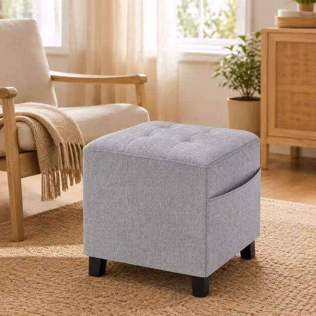 STILVORA Grey Fabric Footstool with Storage Pocket and Rubberwood Frame