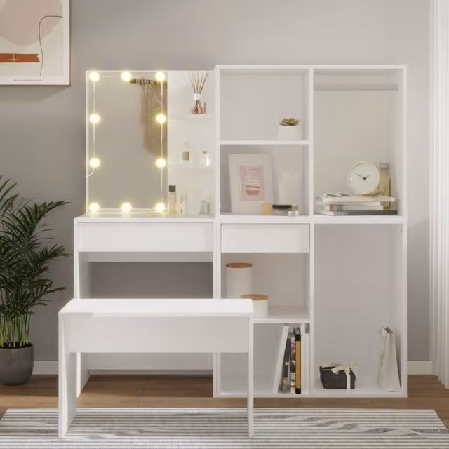 Berkfield Home Hollywood LED Dressing Table Set in White Matt MDF – 1