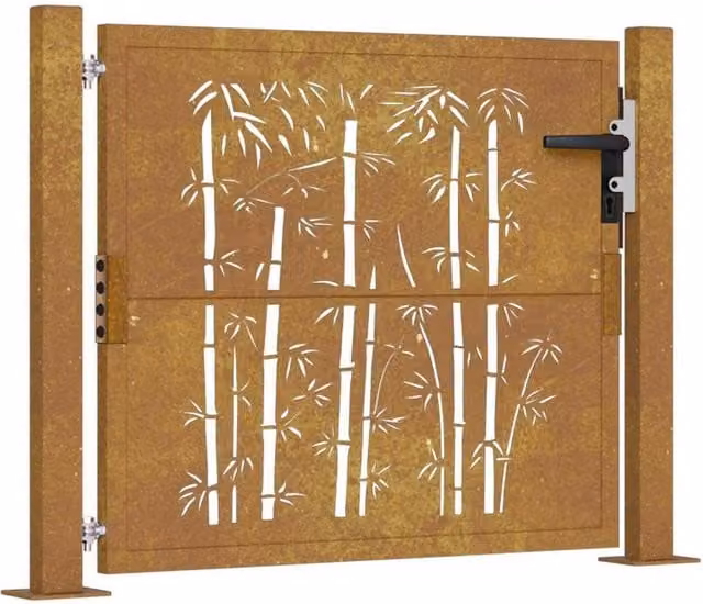 Berkfield Home Garden Gate in Brown Corten Steel with Bamboo Design, W/H: 105 x 80 cm – 1