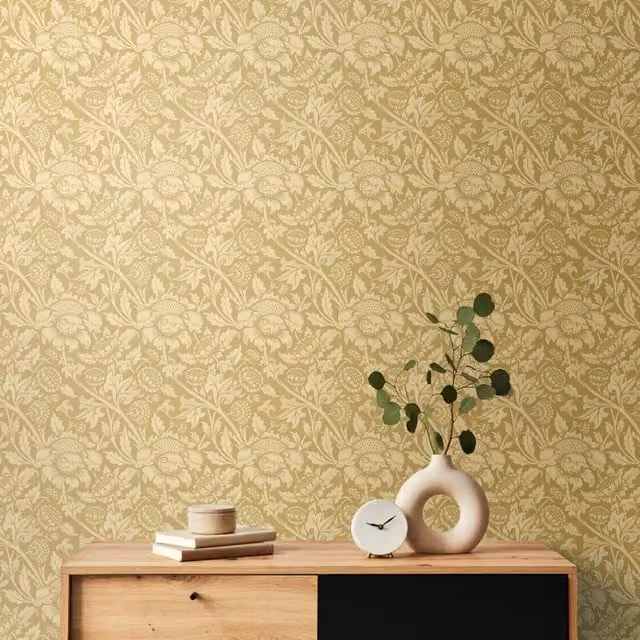 Hoopla Walls Damask Trail Floral Botanical Wallpaper in Gold and Yellow