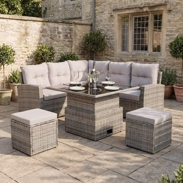 Home Garden Direct St Tropez Grey Rattan Corner Sofa Set with Rising Glass Table