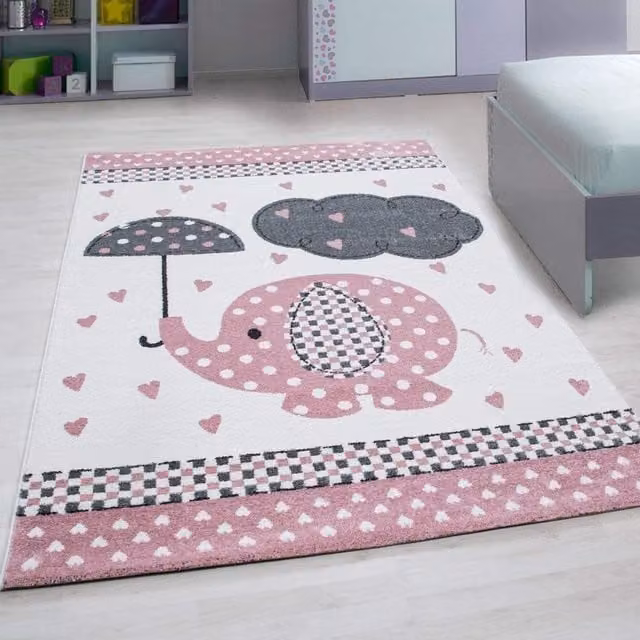 Bravich LTD Baby Elephant and Hearts Kids Rug in Pink, W: 120 cm, L: 170 cm
