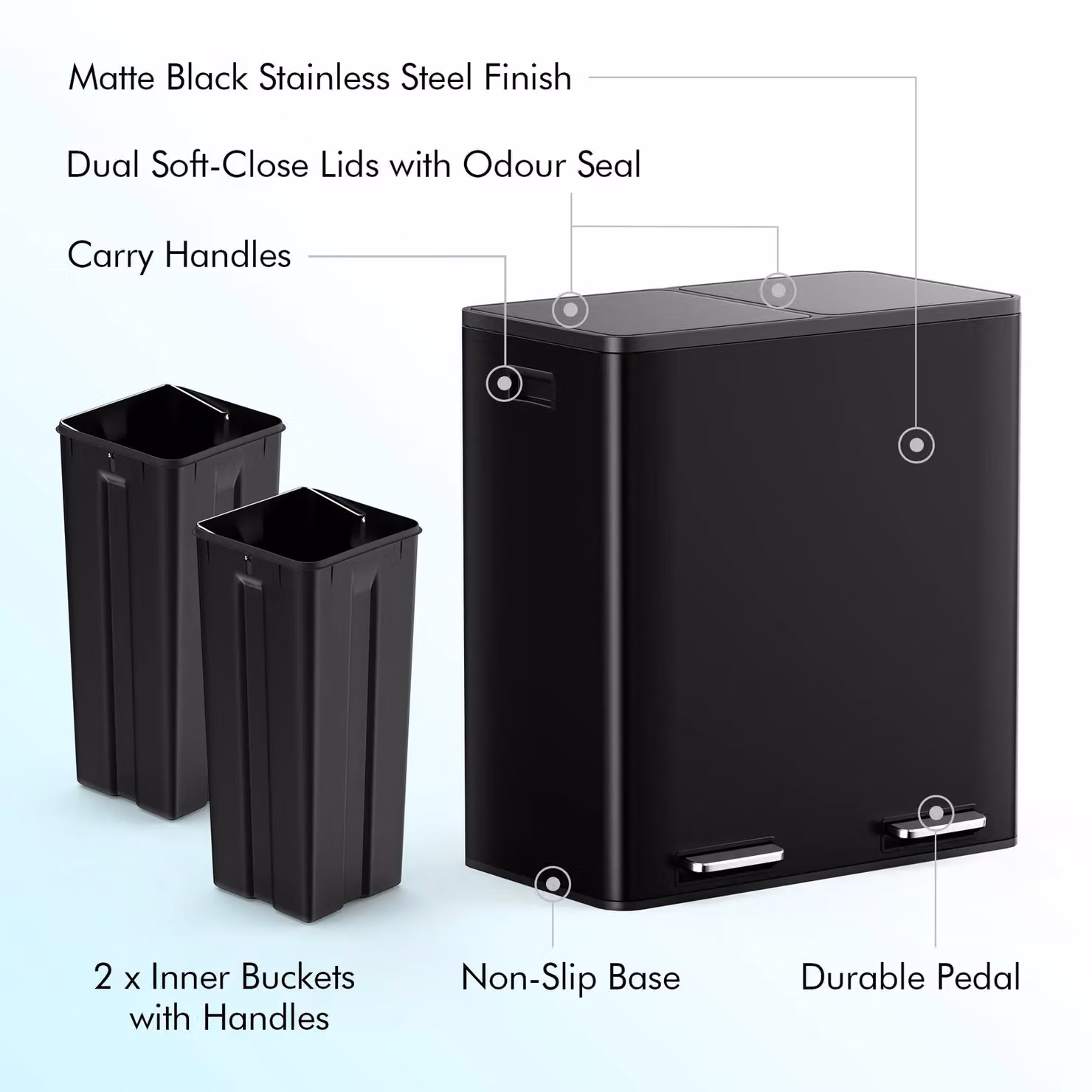 VonHaus 60L 2 Compartment Kitchen Waste and Recycling Bin with Pedal and Soft Close, Black – 6