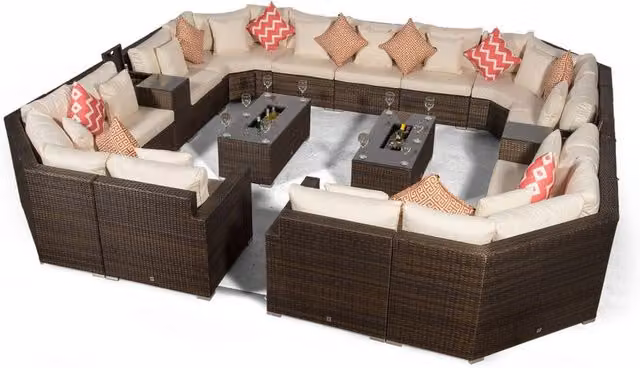 Giardino Santorini 13 Seat Rattan Sofa Set with Armrests and Ice Bucket Coffee Tables in Brown
