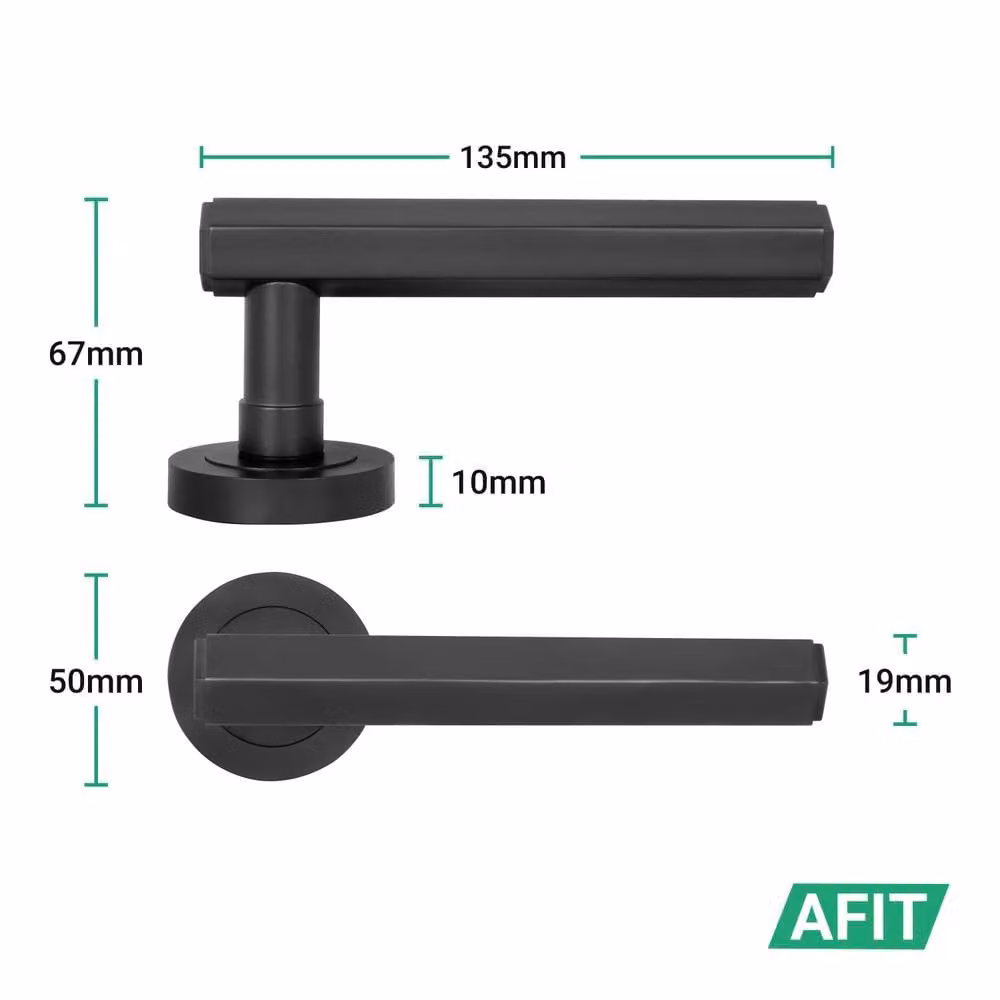 AFIT Matt Black Aluminium Fire Door Handle and Bathroom Lock Set with Hinges – 4