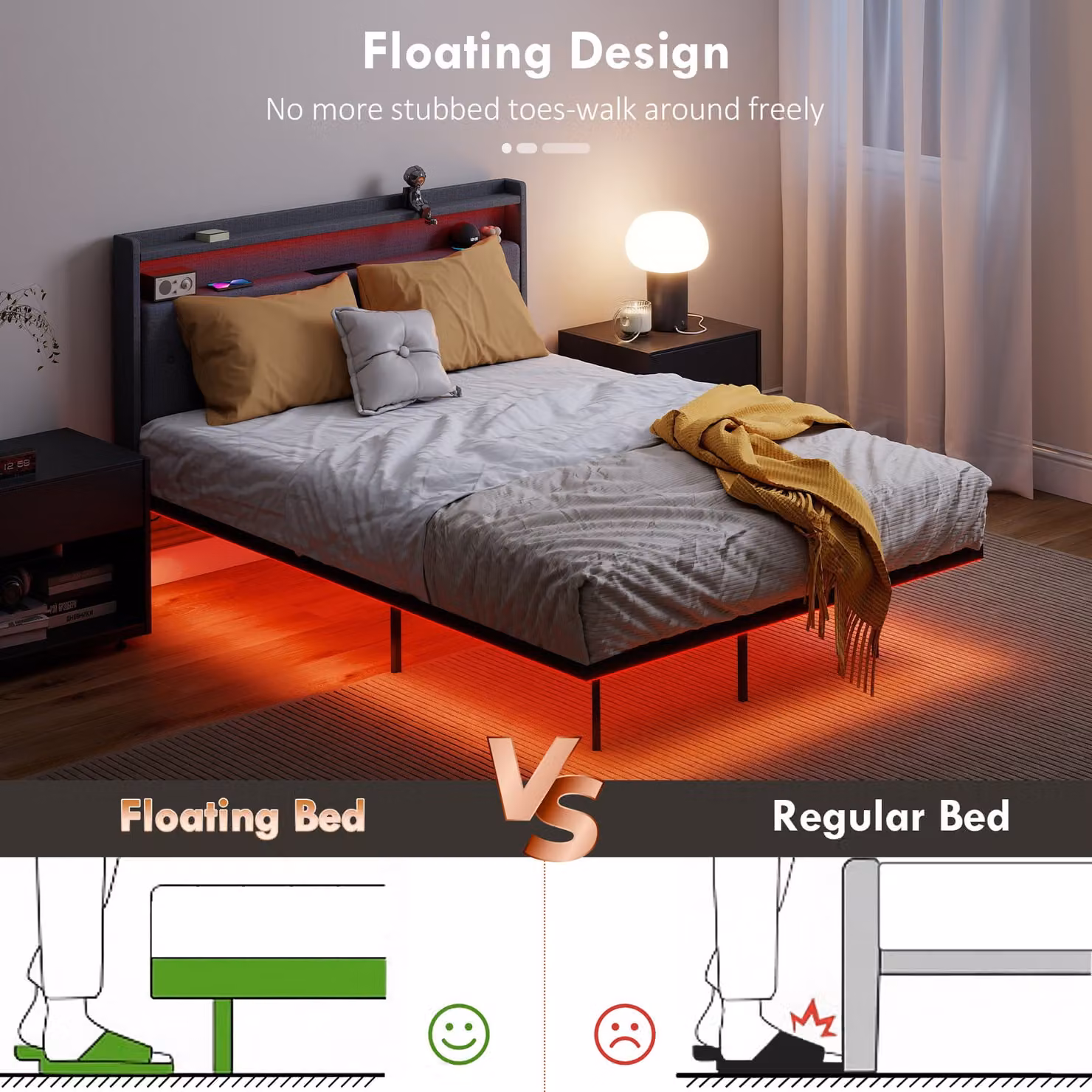HOMCOM Upholstered Floating Double Bed Frame in Grey with RGB LED Lights, USB Charging Port and Side Compartments, W/D/H: 140 x 200 cm – 4