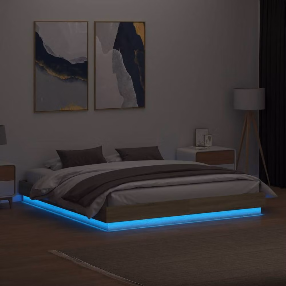 Berkfield Home Modern Bed Frame with LED Under-Bed Lighting and USB Charging Port in Sonoma Oak Brown, W/D/H: 200 x 200 cm – 3