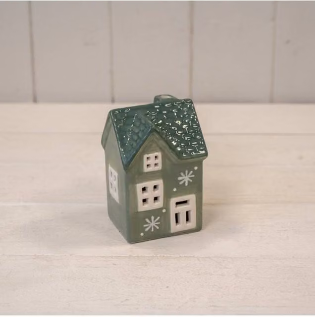 KDMD Green Ceramic LED Tabletop Christmas House with Double Snowflake Detail and 6 Hour Timer