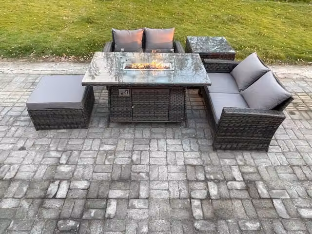 Fimous 5 Piece Poly Rattan Garden Furniture Set with Gas Firepit Dining Table, Sofa, Side Table and Large Footstool in Dark Grey