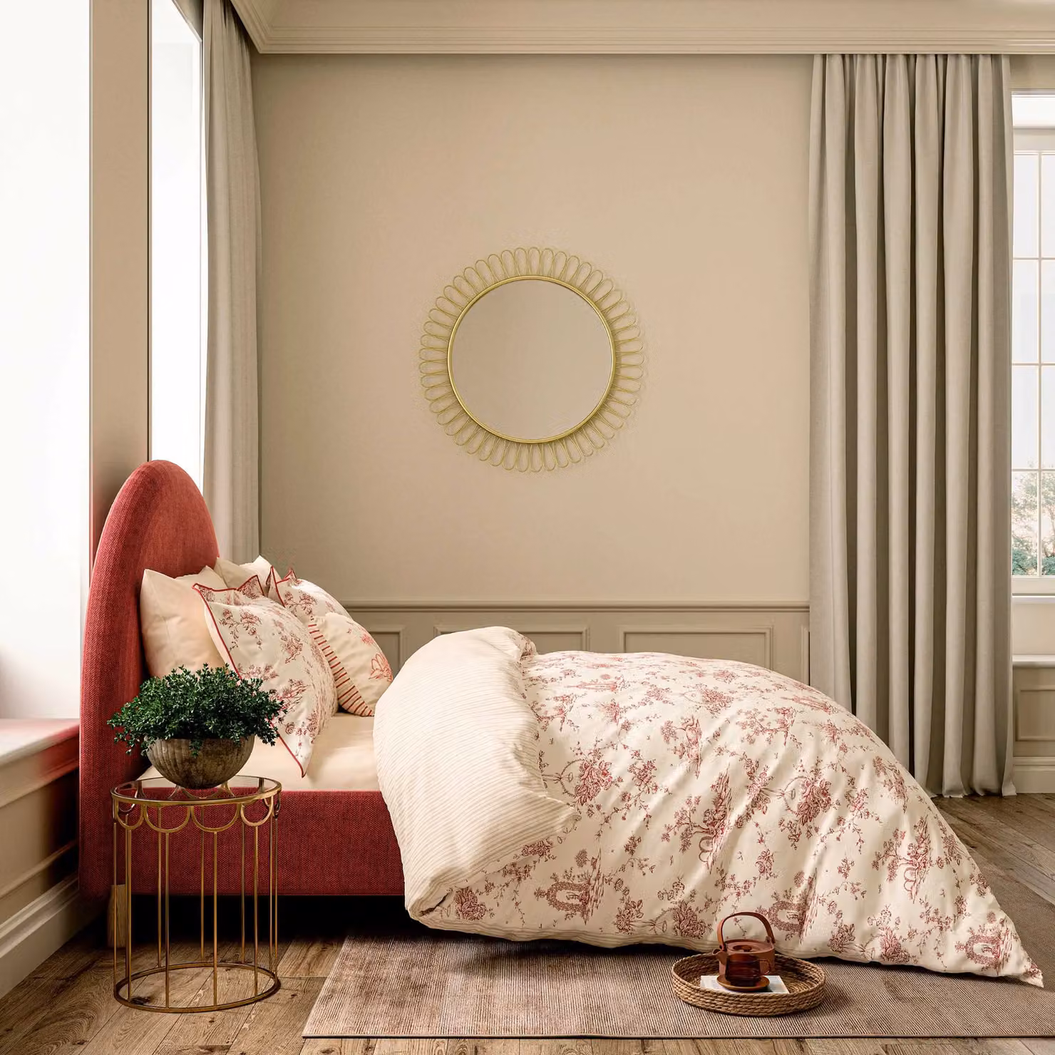 V&A Garden of Love Floral Cotton Duvet Cover and Pillowcase Set in Red and Beige, W/D/H: 140 x 200 cm – 2