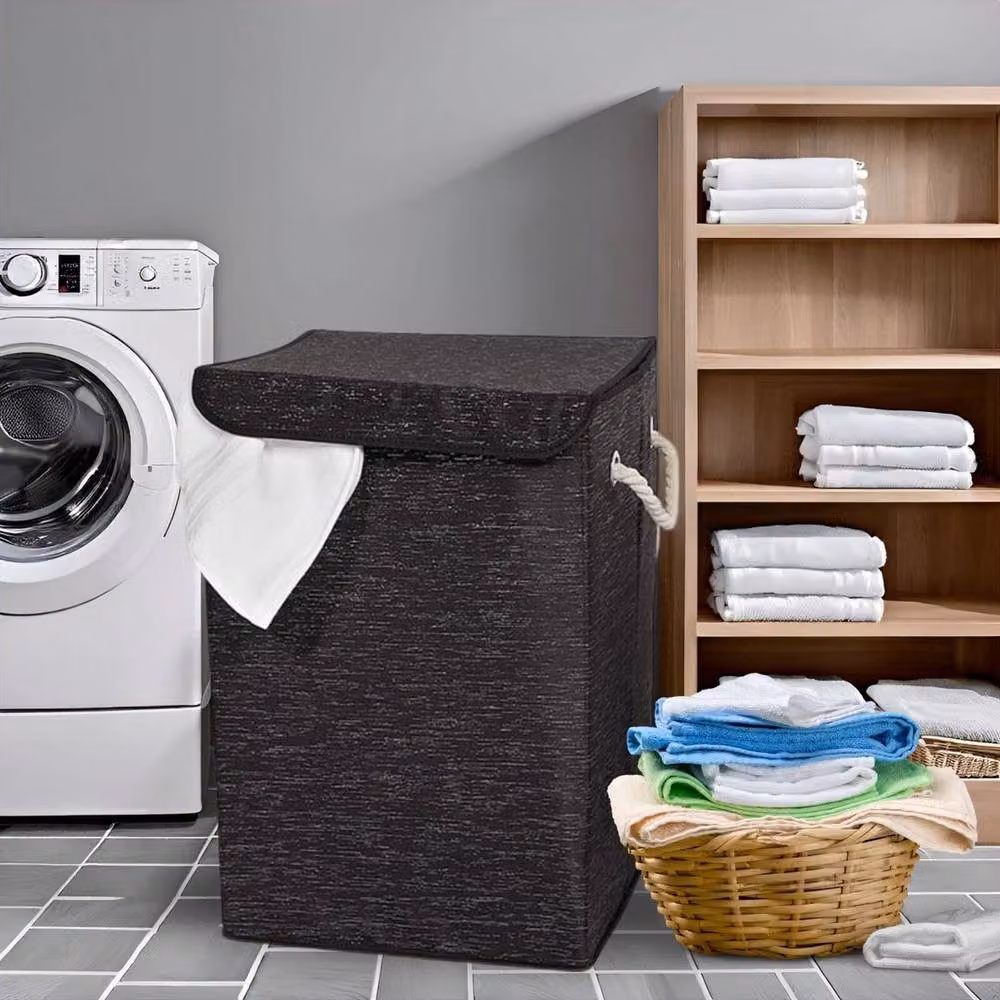 Kelvenix Black Collapsible Fabric Laundry Basket with Lid and Handles – 4