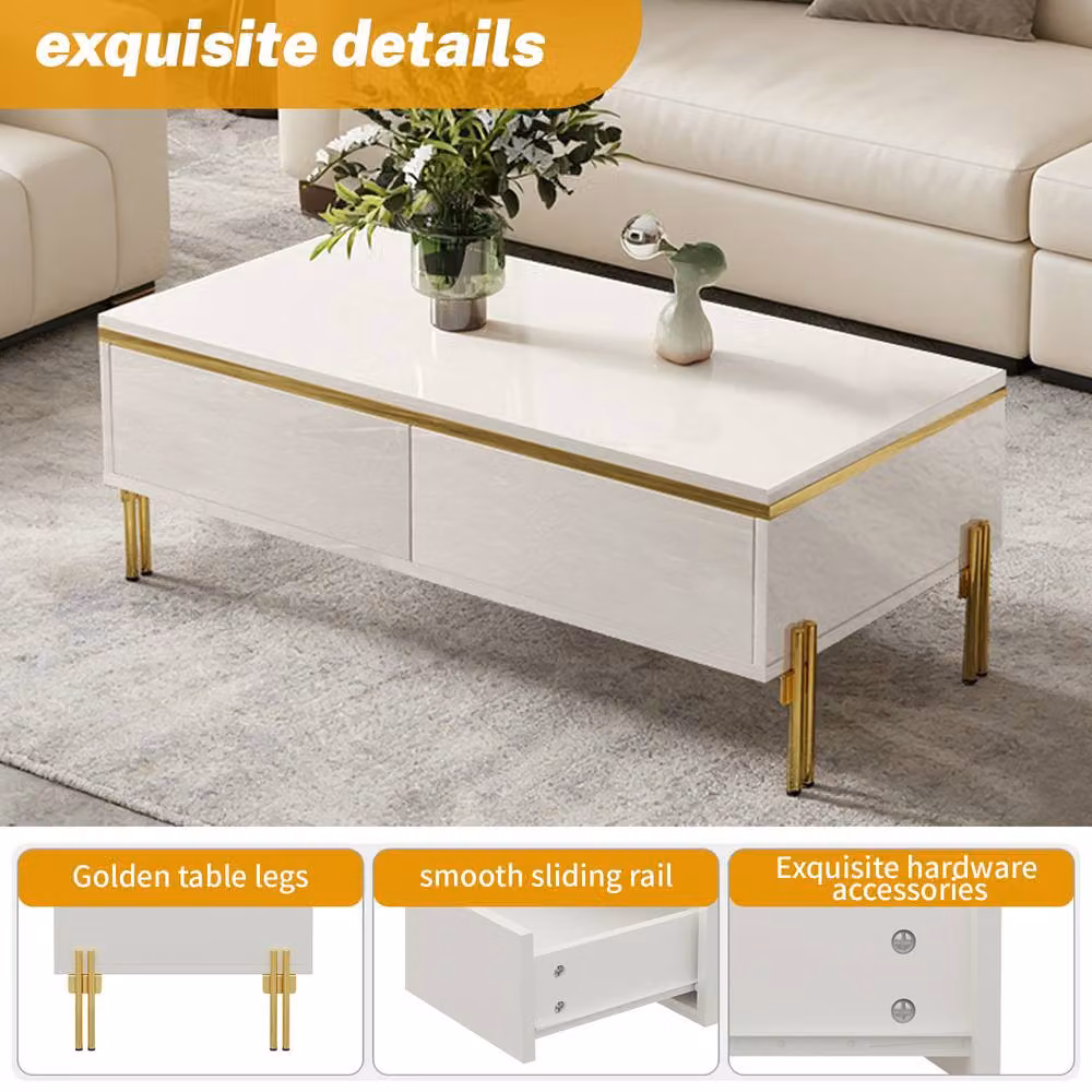 ModernLuxe High Gloss Rectangular Coffee Table with Drawers in White and Gold – 4