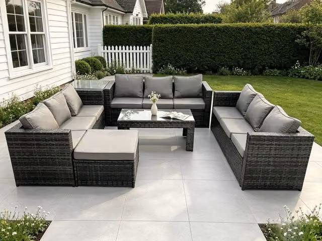 Fimous Dark Grey Rattan Garden Furniture Set with 3-Seater Sofa, Coffee Table and Ottoman