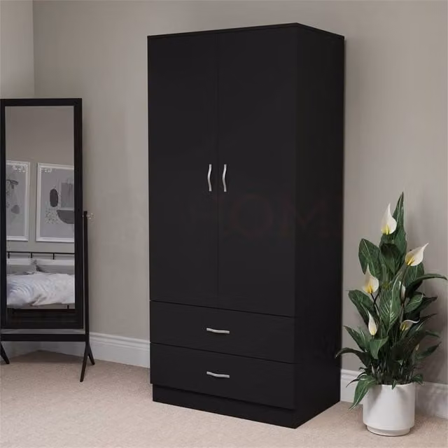 FORGEVIO Black Modern Wooden Wardrobe with Integrated Drawers and Hanging Rod