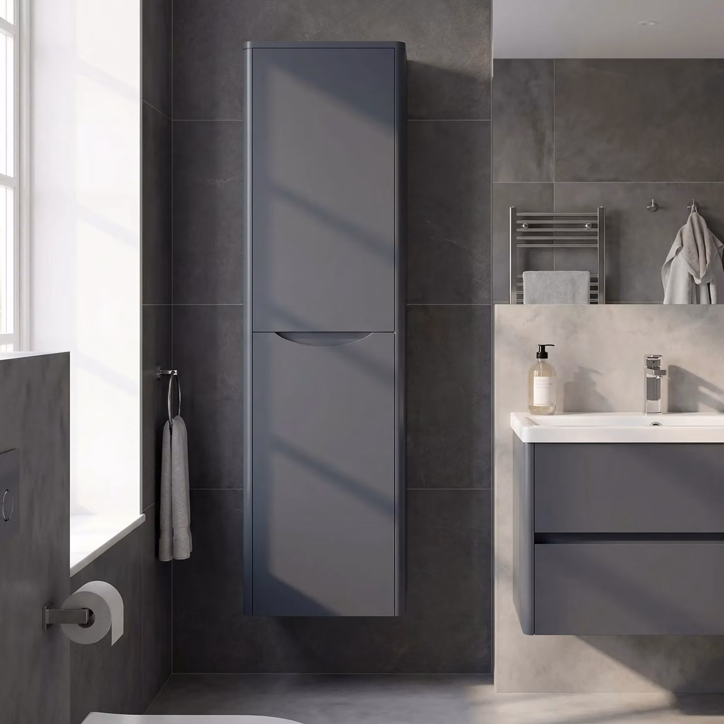 Balterley Wall Hung Tall Bathroom Unit with 2 Soft Close Doors in Matt Dark Grey, W: 40 cm, H: 137.4 cm – 3