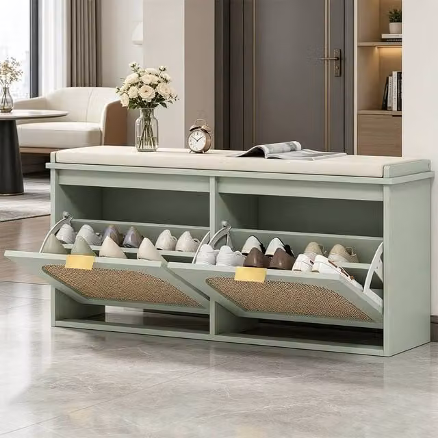 ERGOVEXA Boho Shoe Bench with Padded Fabric Seat and 2 Flip Drawers in Light Green – 1
