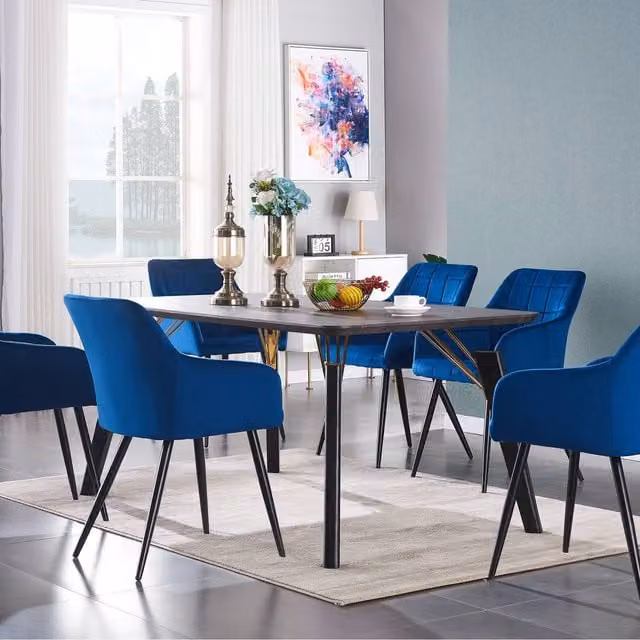 Life Interiors Camden Cosmo LUX Modern Rectangular Dining Set with 6 Chairs in Black, Gold and Blue