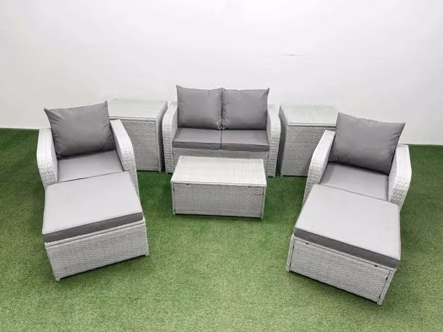 Fimous 6 Seater Grey PE Wicker Rattan Garden Furniture Set with Upholstered Cushions, 2 Seater Sofa, Lounge Armchairs, Coffee Table and Ottomans