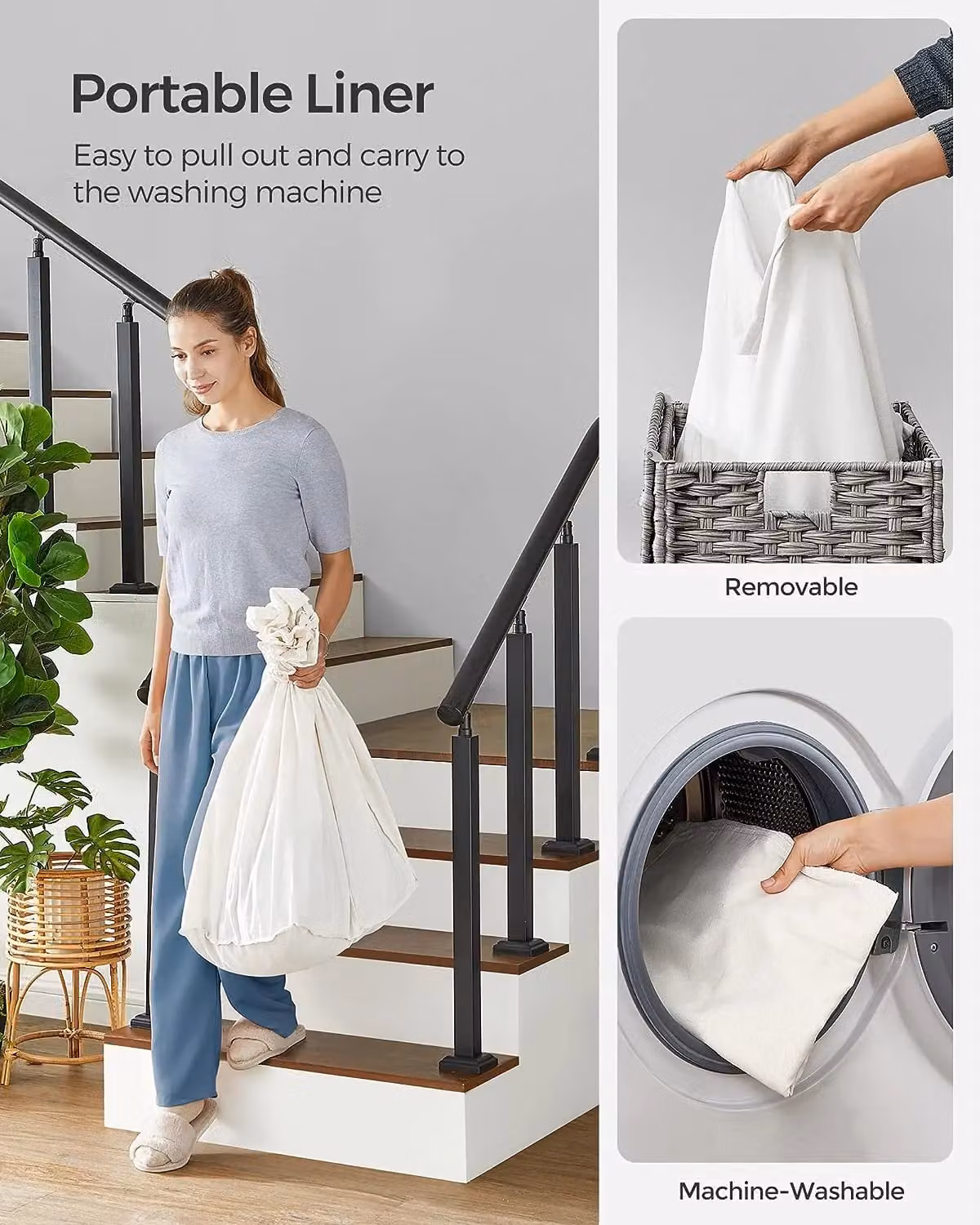 SONGMICS Woven Laundry Basket with Wheels, 3 Compartments and Removable Bag, Grey, H 66 x W 120 x D 42.1 cm – 3