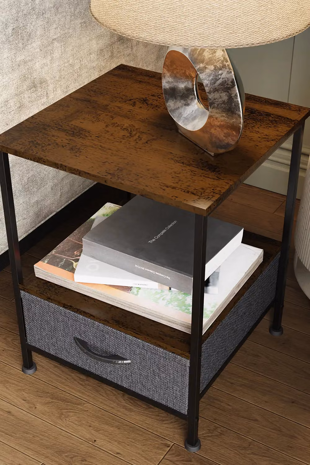 FWStyle Walnut Effect Side Table with Storage Drawer in Brown and Black – 3