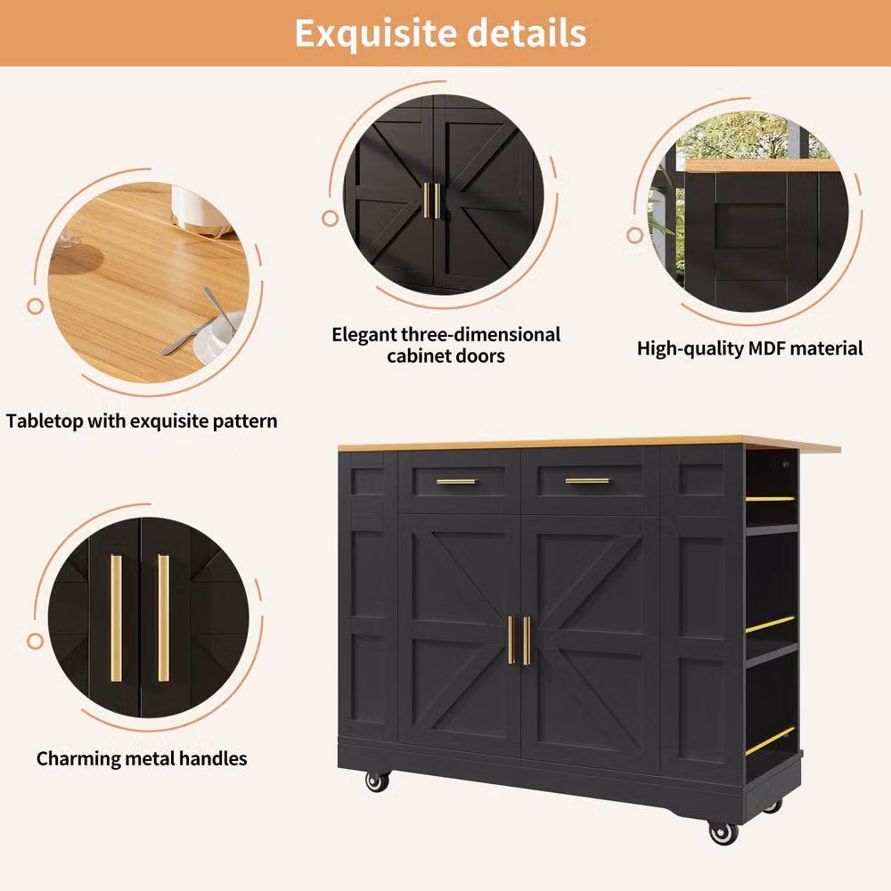 Matteo Black Kitchen Island Cart with Foldable Worktop and 2 Drawers – 4