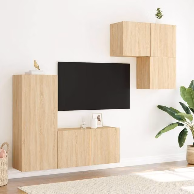 Berkfield Home Versatile 4 Piece TV Wall Unit in Sonoma Oak Engineered Wood, Tan – 1