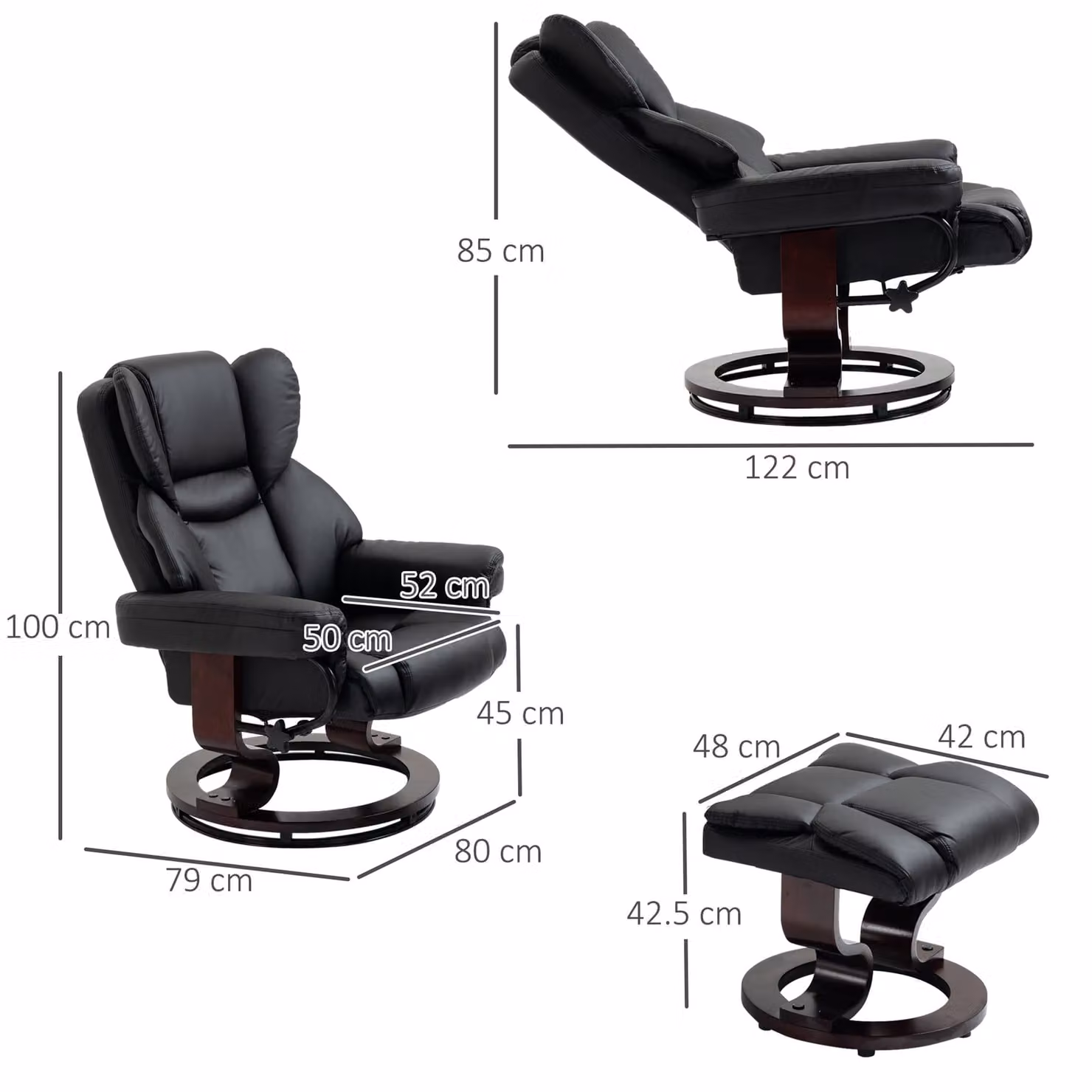 HOMCOM Reclining Swivel Armchair and Ottoman Set in Black PU Leather with Metal Frame and Bentwood Base – 3