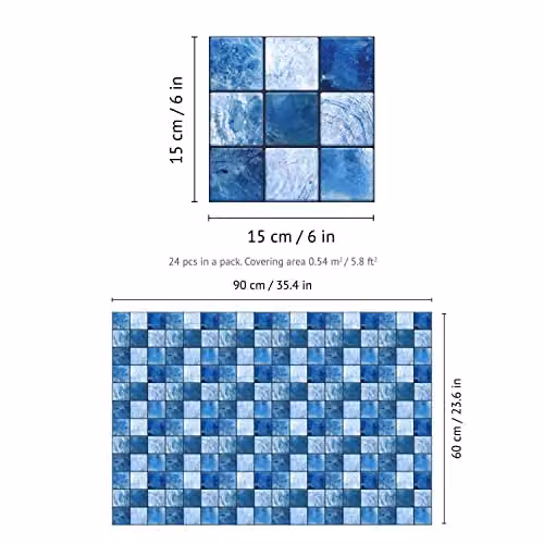 WALPLUS 24-Piece Blue and Black Mother of Pearl Mosaic Wall Tile Sticker Set, Glossy Aluminium Film Peel and Stick Backsplash Decals for Kitchen and Bathroom, W/D/H: 15 x 15 x 0.54 cm – 5