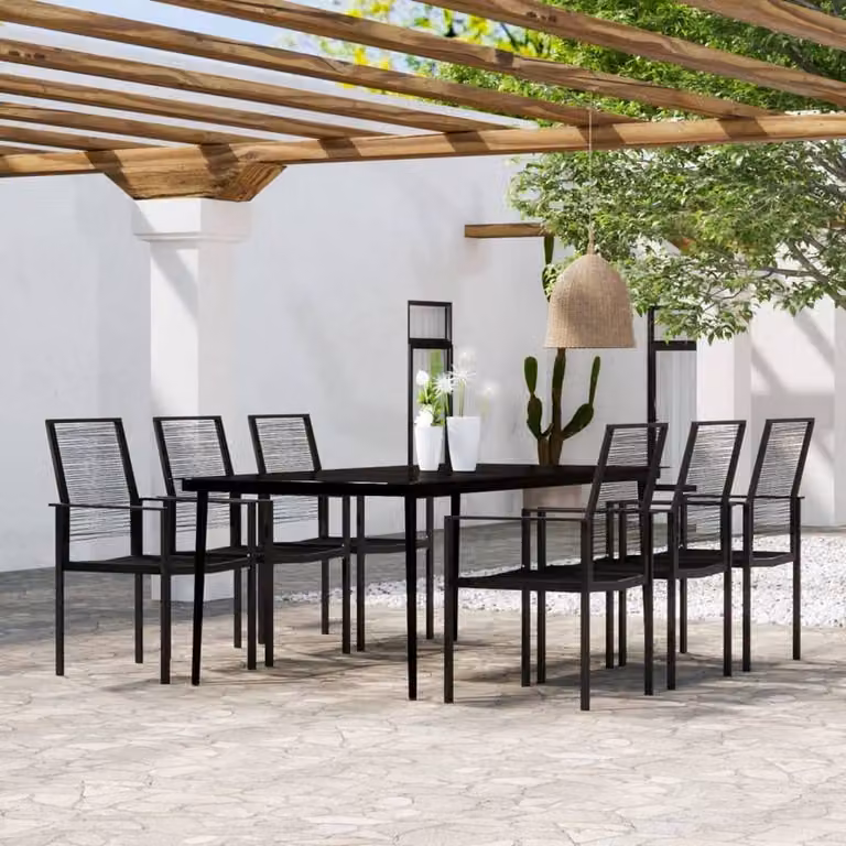 Berkfield Home 7 Piece Black Modern Garden Dining Set with Metal, Glass and Rattan