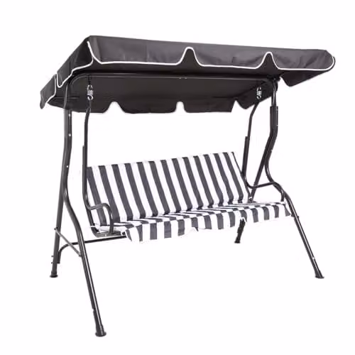 Charles Bentley 2-3 Seater Outdoor Garden Swing Seat Hammock Chair in Grey and White Striped with Sun Canopy and Cushions, W/D/H: 173 x 111 x 154 cm