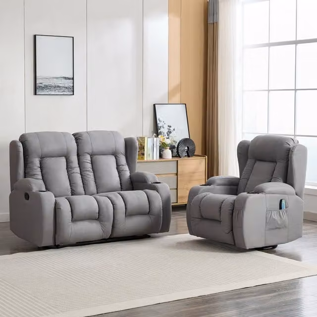 More4Homes Caesar Grey Fabric Manual Recliner Sofa Set with 1 Seater Armchair and 2 Seater Sofa