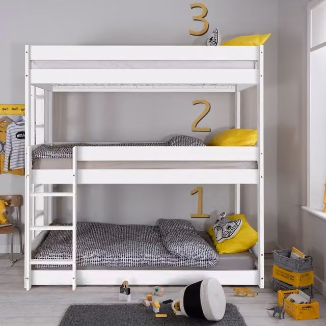 Noa and Nani Henrik Triple Bunk Bed for Children in Classic White, Solid Pine Wood, 90 x 190 cm