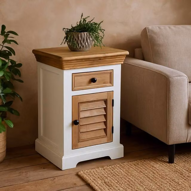Wyld Haus Alington Mango Wood Bedside Cabinet with White Frame and Brown Louvered Door – 1