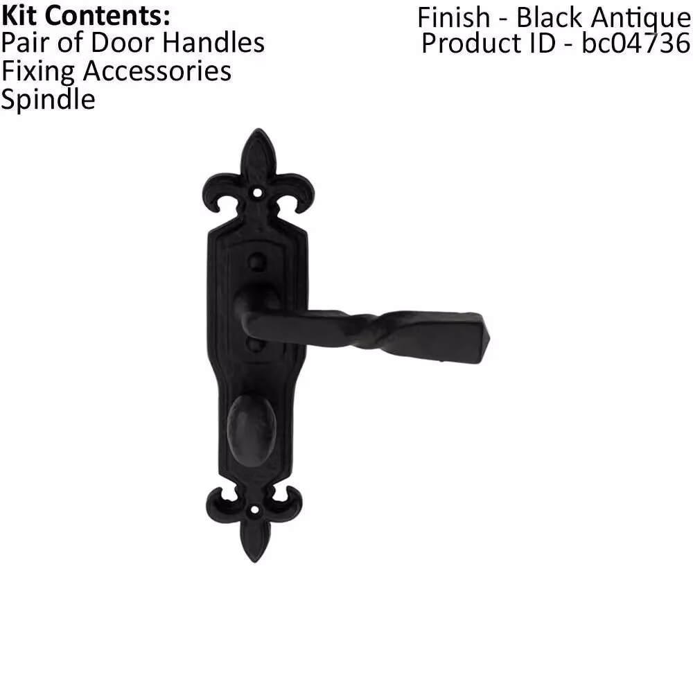 Loops Pair of Forged Twisted Ornate Lever Bathroom Backplate Handles, Black Antique, W: 226 mm x H: 50 mm – 2