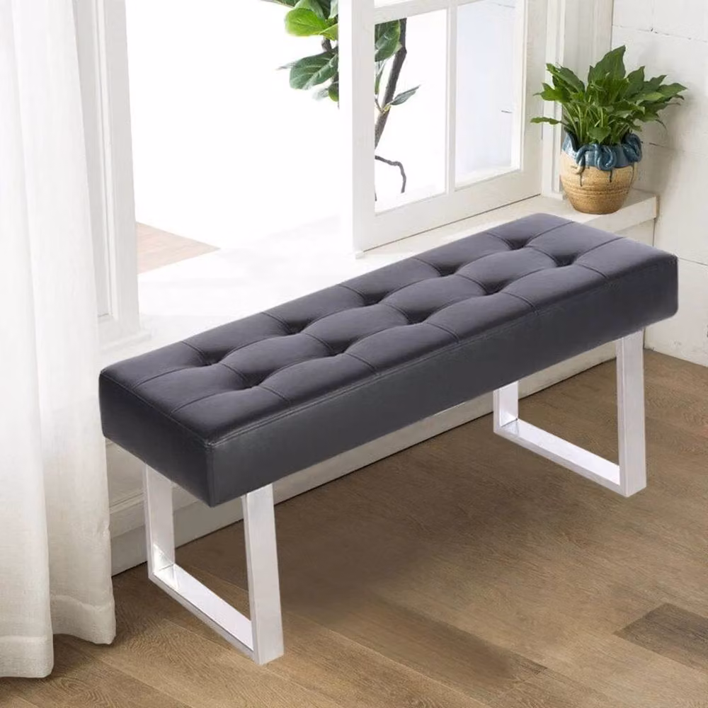 KORVIXA Black Synthetic Leather Dining Bench with Chrome Metal Legs – 3