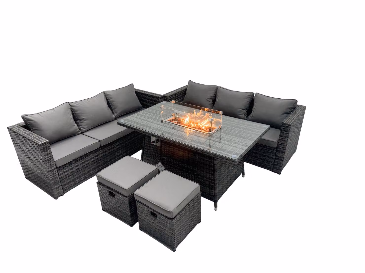 Fimous 8 Seater Rattan Garden Furniture Set with Gas Firepit, Dining Table and Footstools in Dark Grey – 2