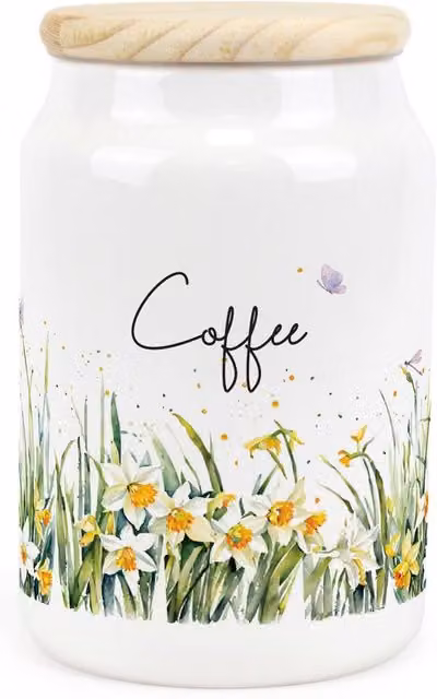 Purely Home Floral Spring Daffodils Ceramic Coffee Storage Canister in Green and White