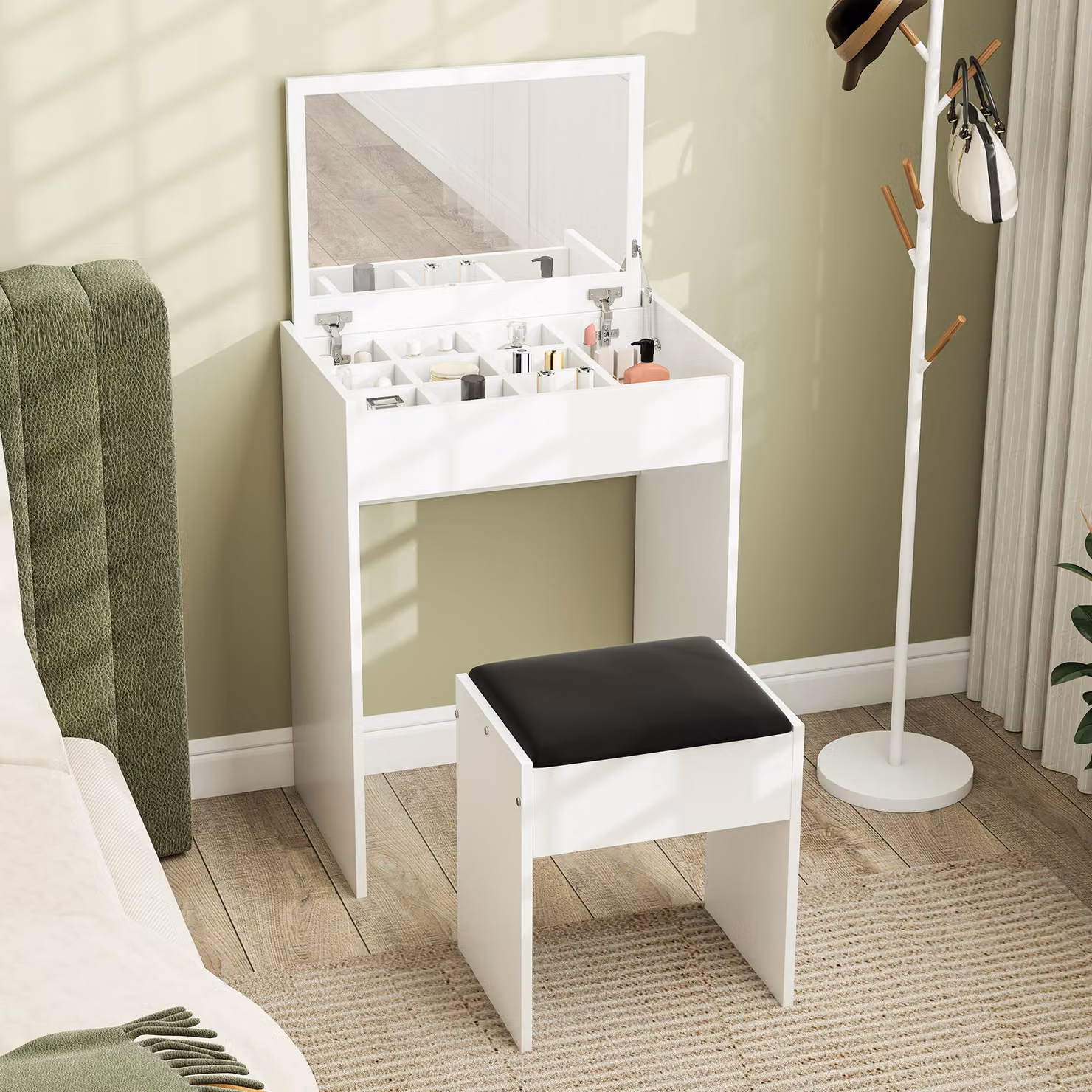 HOMCOM White Modern Dressing Table with Flip-up Mirror and Padded Stool – 2