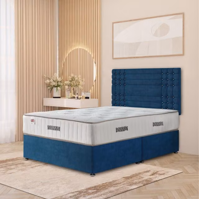Somnior Beds Ltd Saville Plush Velvet Divan Bed Set with 32 inch Headboard and Orthopaedic Mattress, Blue, W/D/H: 180 x 200 cm
