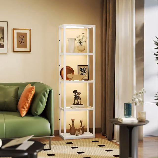 HOMCOM Dimmable LED Floor Lamp with Glass Shelves in White